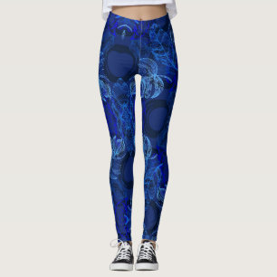 Leggings Tropical Navy Blue Neon Botanical Leaves 