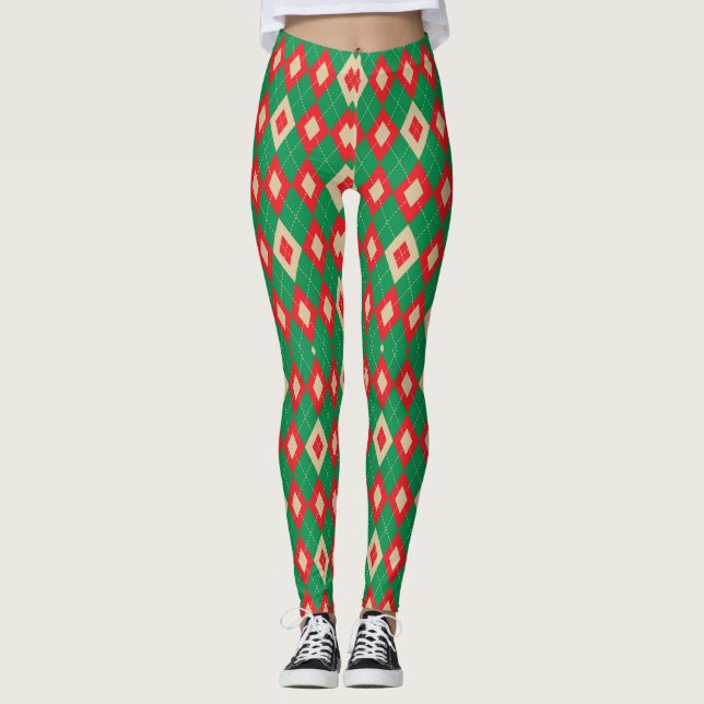Leggings with a festive red and green argyle  (Front)