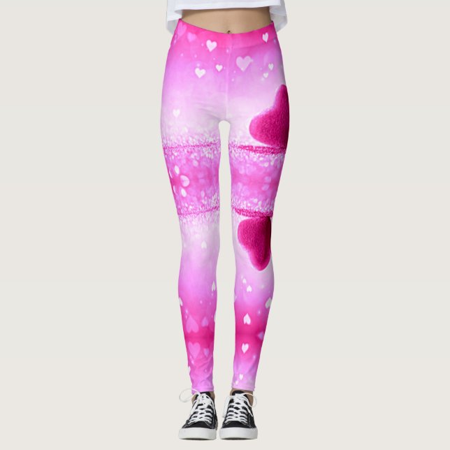 Leggings with  pink hearts in spandex/polyester. (Front)