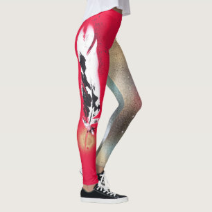 Leggings with red and gold feather prints
