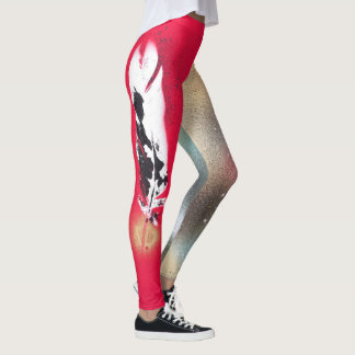 Leggings with red and gold feather prints