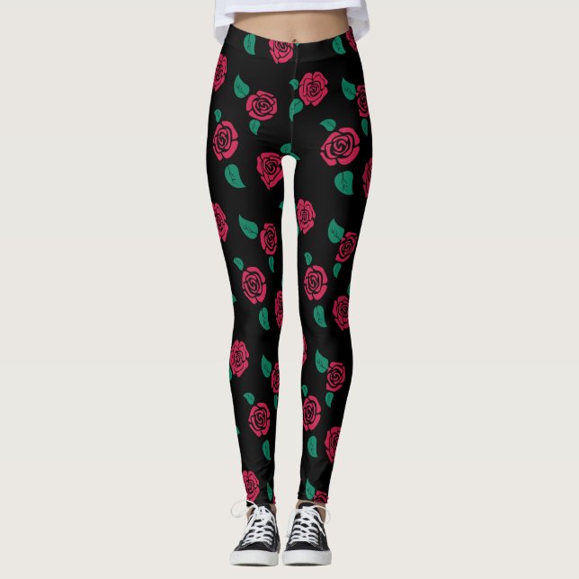 Leggins with red rose patterned pattern leggings (Front)