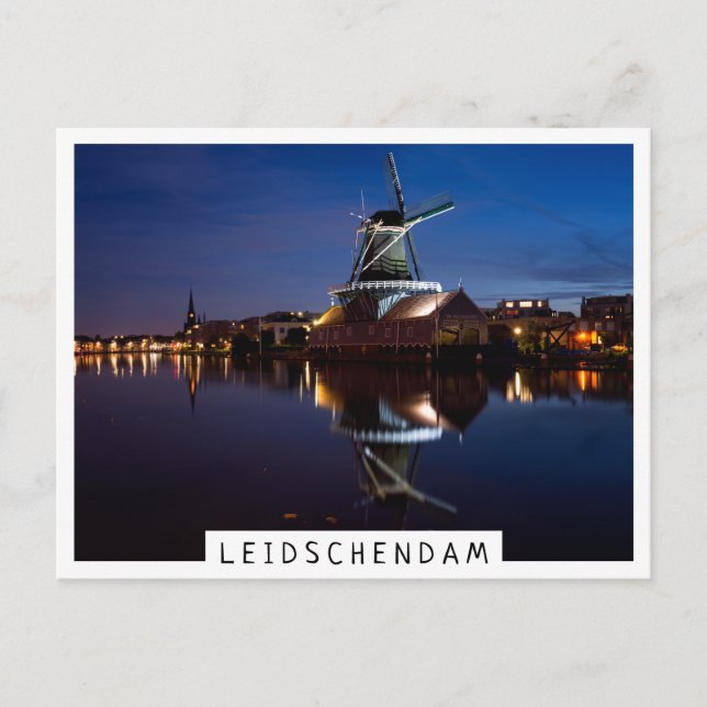 Leidschendam windmill with reflection at night postcard (Front)