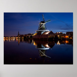 Leidschendam windmill with reflection at night poster