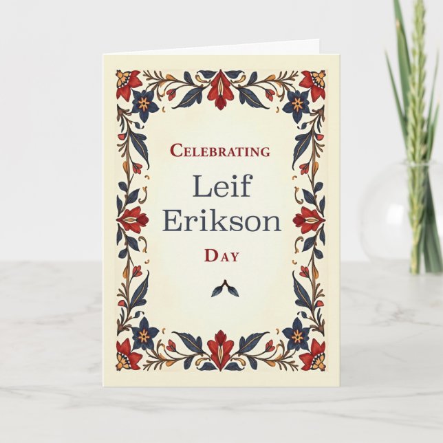 Leif Erikson Day Scandinavian Folk Art Border Card (Front)
