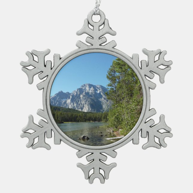 Leigh Lake at Grand Teton National Park Snowflake Pewter Christmas Ornament (Front)