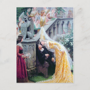 leighton the kiss mediaeval woman kissing man postcard