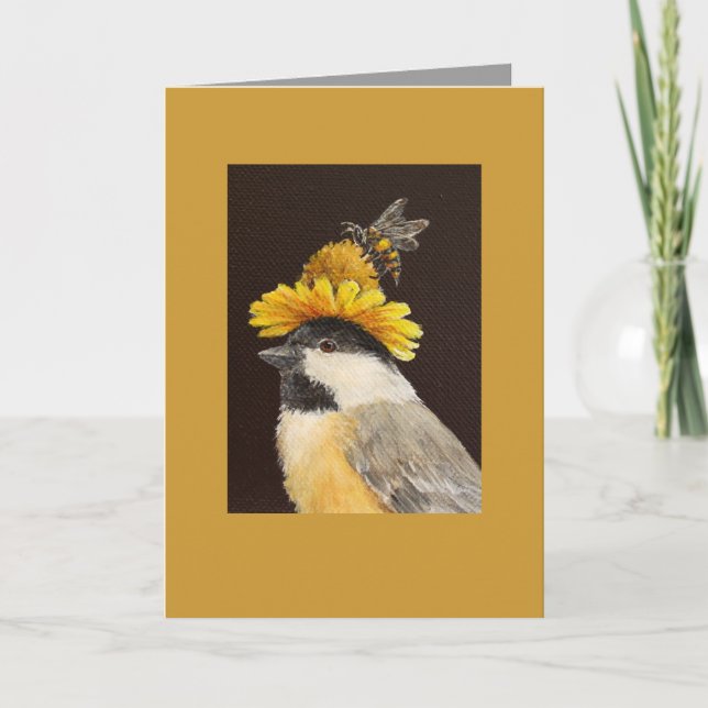Leila the chickadee with bee and flower hat card (Front)
