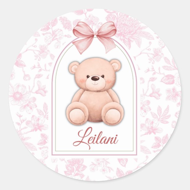 Leilani | Custom Pink Teddy Bear Nursery Design  Classic Round Sticker (Front)