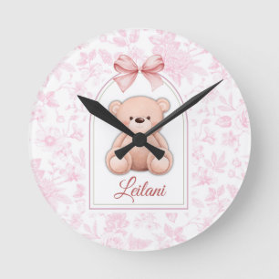 Leilani Custom Pink Teddy Bear Nursery Design Round Clock
