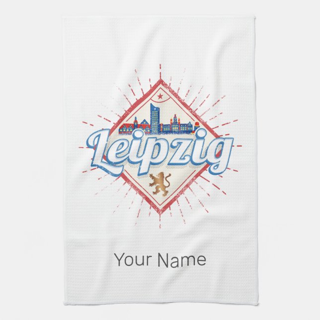 Leipzig Germany Saxony Retro Skyline Vintage Tea Towel (Vertical)