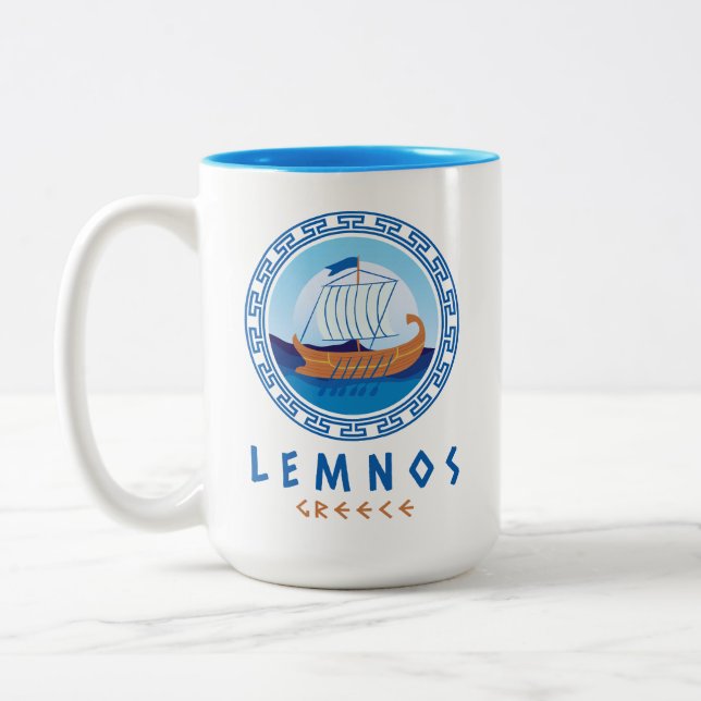 Lemnos, Greece Greek Ship Design Two-Tone Coffee Mug (Left)