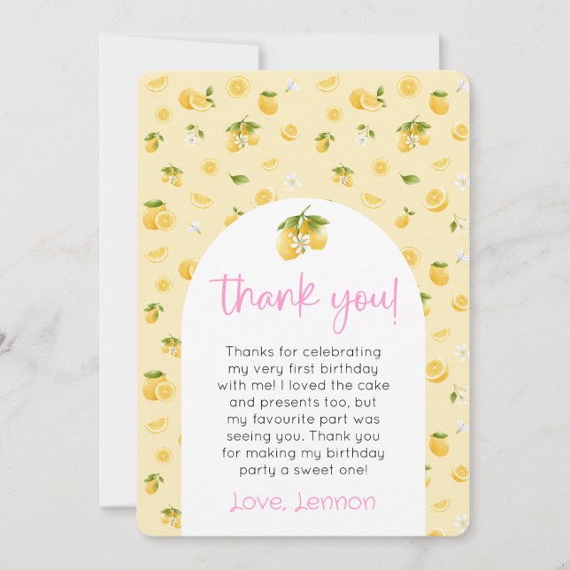 Lemon 1st Birthday Photo Thank You Invitation (Front)