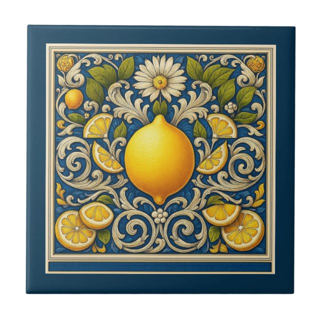 Lemon Almafi Blue Mediterranean Art Nouveau Tile (Front)