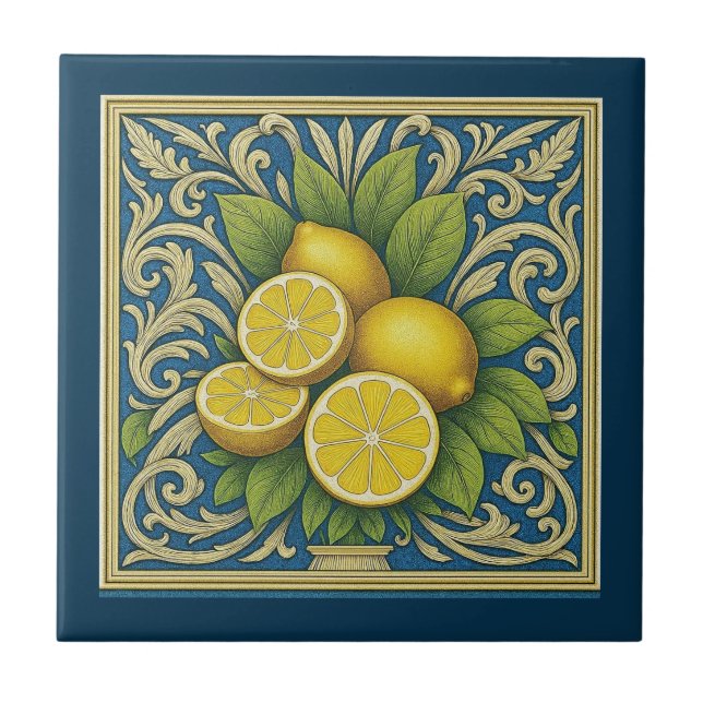 Lemon Amalfi Blue Mediterranean Art Nouveau Tile (Front)