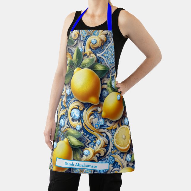 Lemon Amalfi Mediterranean Tiles Diamonds Apron (Insitu)