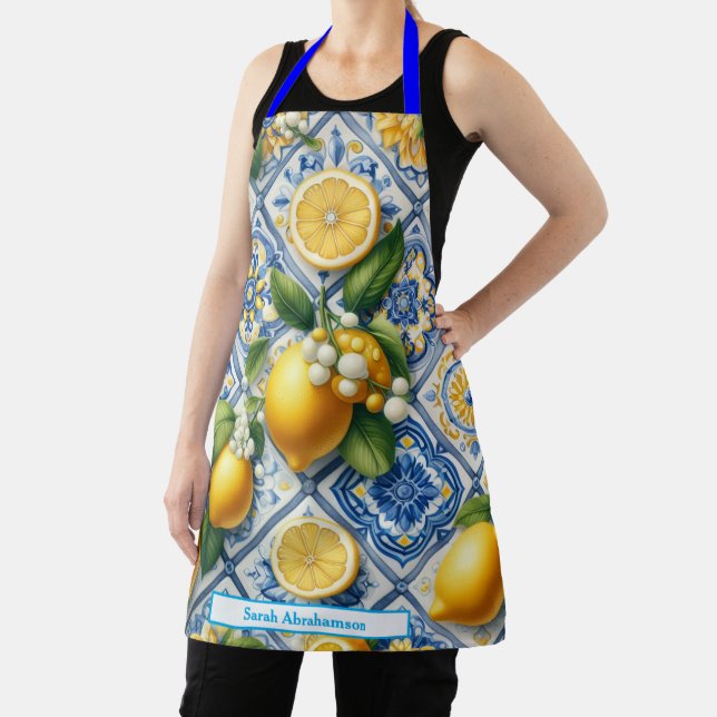 Lemon Amalfi Mediterranean Tiles Diamonds Apron (Insitu)