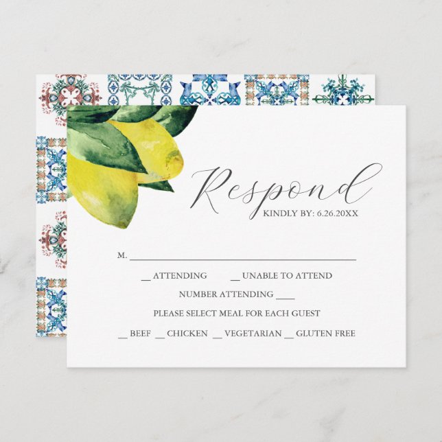 Lemon Amalfi Tile RSVP Cards with Meal Choice  (Front/Back)