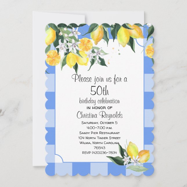 Lemon and Blue Gingham 50th Birthday Invitation (Front)