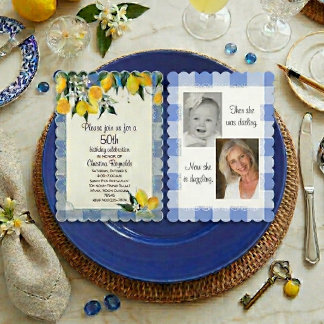 Lemon and Blue Gingham 50th Birthday Invitation