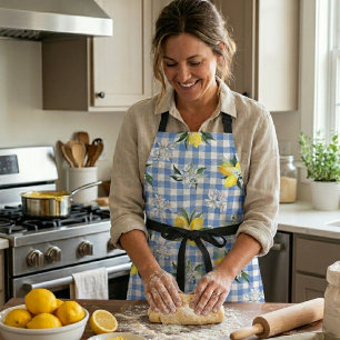 Lemon and Blue Gingham Apron for Summer