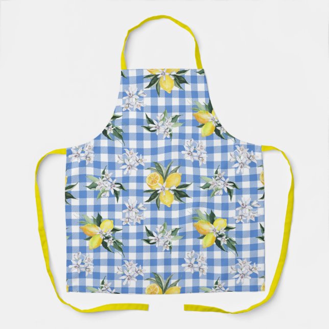 Lemon and Blue Gingham Apron for Summer (Front)