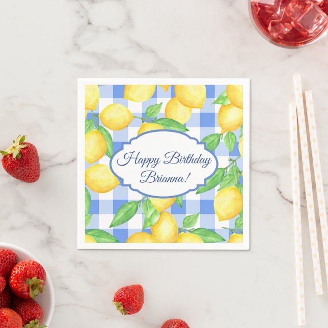 Lemon and Blue Gingham Birthday Napkin (Insitu)
