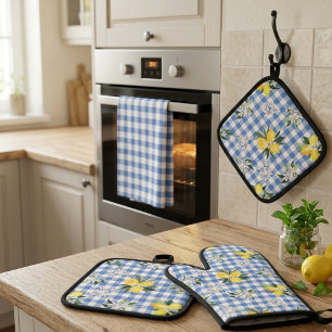 Lemon and Blue Gingham Kitchen Essentials Oven Mitt & Pot Holder Set