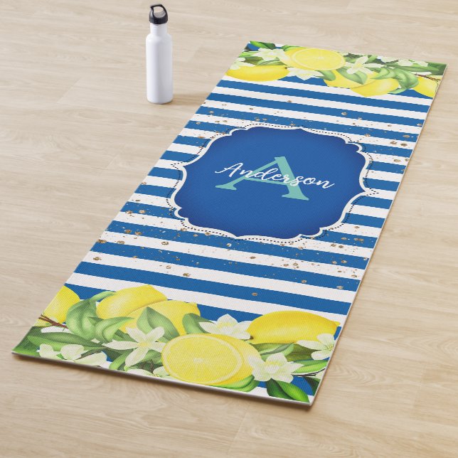 Lemon and Blue Monogram Exercise Mat (In Situ)