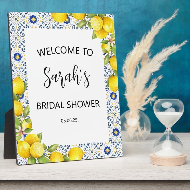 Lemon and Blue Tiles Bridal Shower Welcome Sign Plaque (Side)