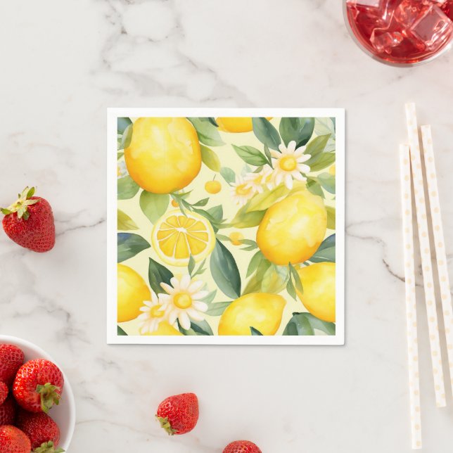 Lemon and Daisy Watercolor Pattern Napkin (Insitu)