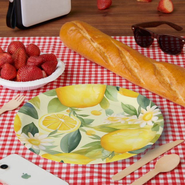 Lemon and Daisy Watercolor Pattern Paper Plate (Picnic)