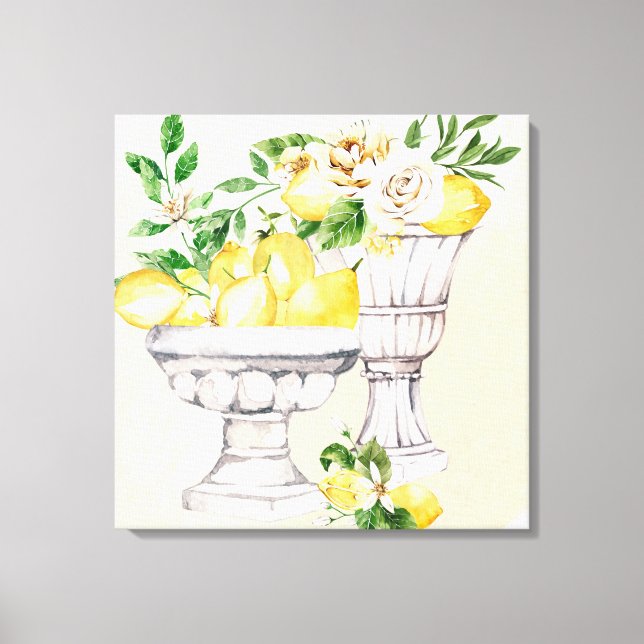 Lemon and flowers in watercolor Mediterranean set Canvas Print (Front)