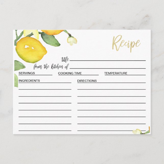 Lemon And Foliage Bridal Shower Recipe Card (Front)