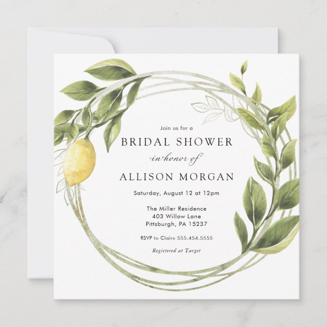 Lemon and Greenery Wreath Bridal Shower Invitation (Front)