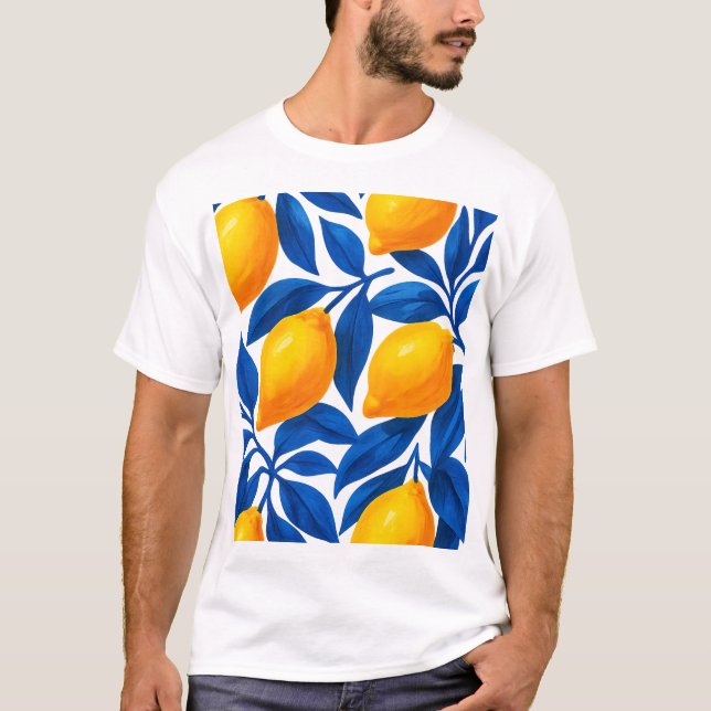 Lemon and Indigo Leaf Botanical Pattern T-Shirt (Front)
