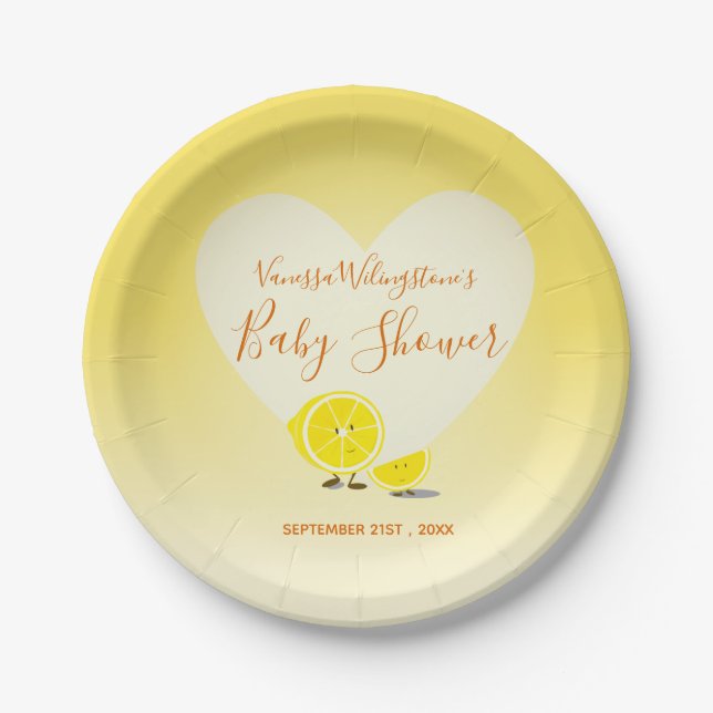 Lemon and Lemon Slice Baby Shower Heart Yellow Paper Plate (Front)