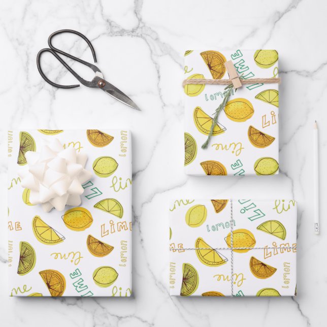 Lemon and Lime Fruit Pattern Wrapping Paper Sheet (Front)