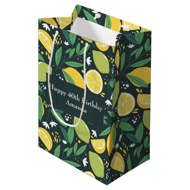 Lemon and Limes Fruit Pattern Happy Birthday Medium Gift Bag (Front Angled)