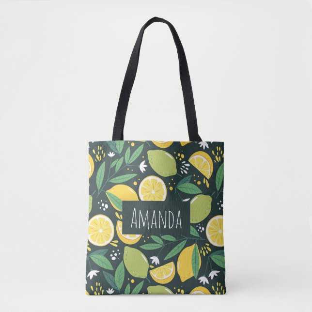 Lemon and Limes Fruit Pattern in Green and Yellow Tote Bag (Front)