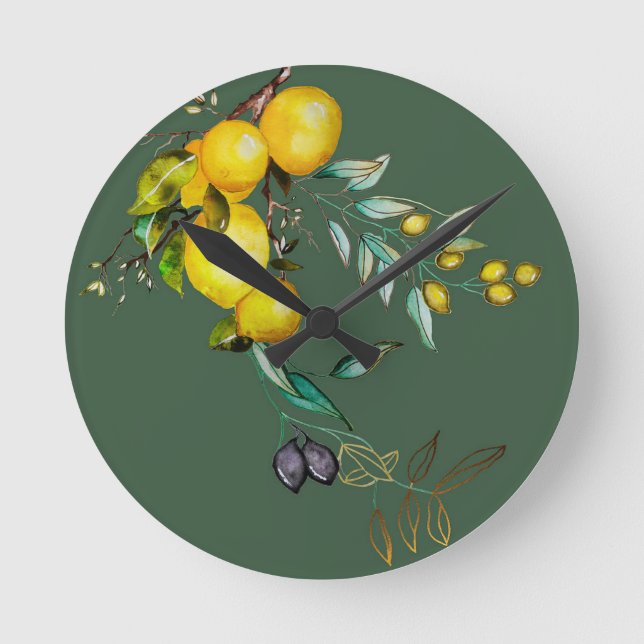 Lemon and Olive Watercolour Wall Clock (Front)