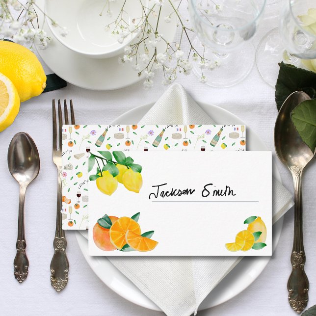 Lemon and Orange French Wedding Business Card (Lemon and orange french citrus wedding budget place card)