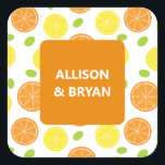 Lemon and Orange Wedding or Bridal Shower Gift Square Sticker<br><div class="desc">These cheerful stickers have a colourful background of lemons,  oranges,  and grapes. They may be personalised with your text.</div>