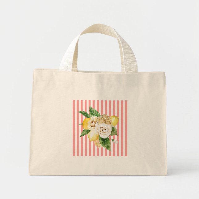 Lemon and roses on coral stripes mini tote bag (Front)