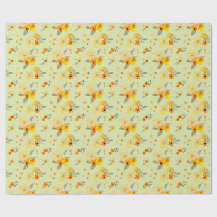 Lemon and Yellow Rose Floral Watercolor Pattern Wrapping Paper