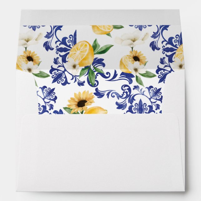 Lemon & Antique Blue Pottery Floral Pattern Envelope (Back (Bottom))