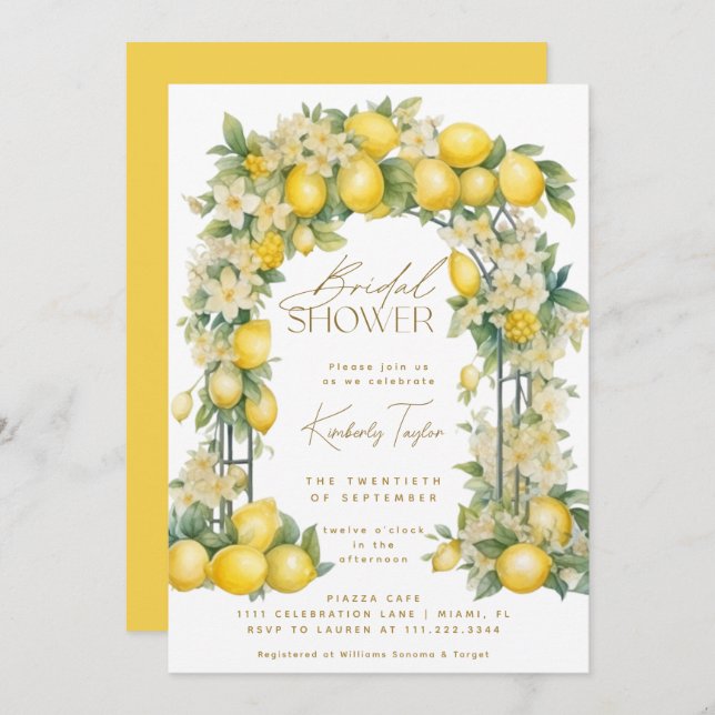 Lemon Arch Floral Boho Yellow Bridal Shower Invitation (Front/Back)