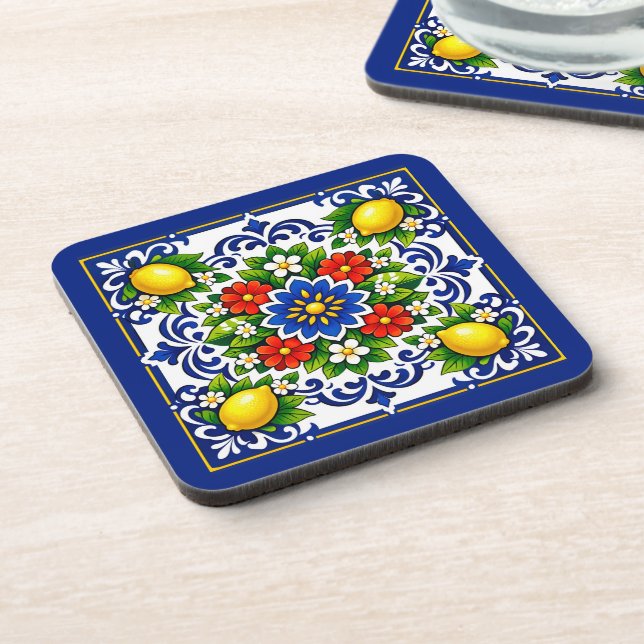 🍋 Lemon Azul Bloom — Mediterranean Azulejo Coaster (Left Side)