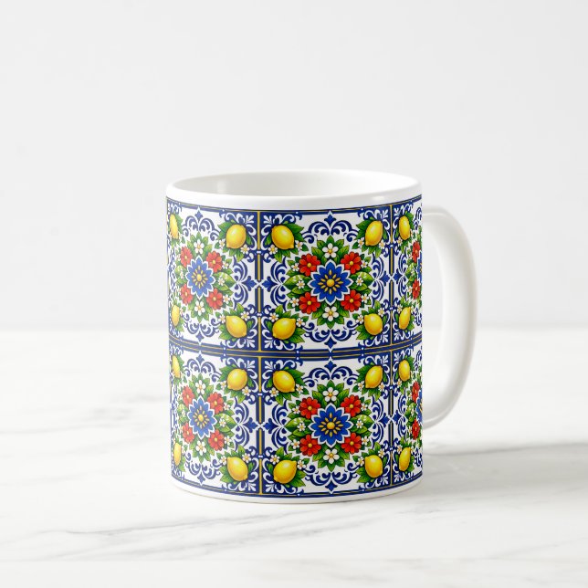 🍋 Lemon Azul Bloom — Mediterranean Azulejo Coffee Mug (Front Right)