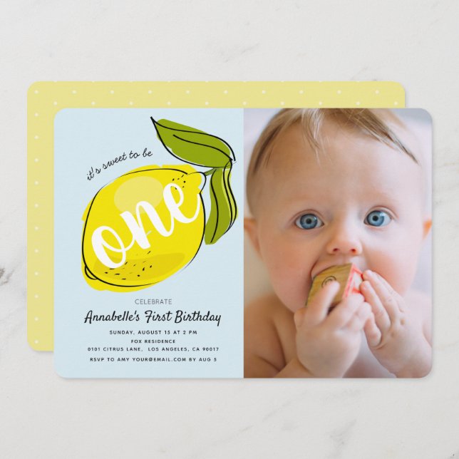 Lemon Baby Blue Photo 1st Birthday Invitation (Front/Back)